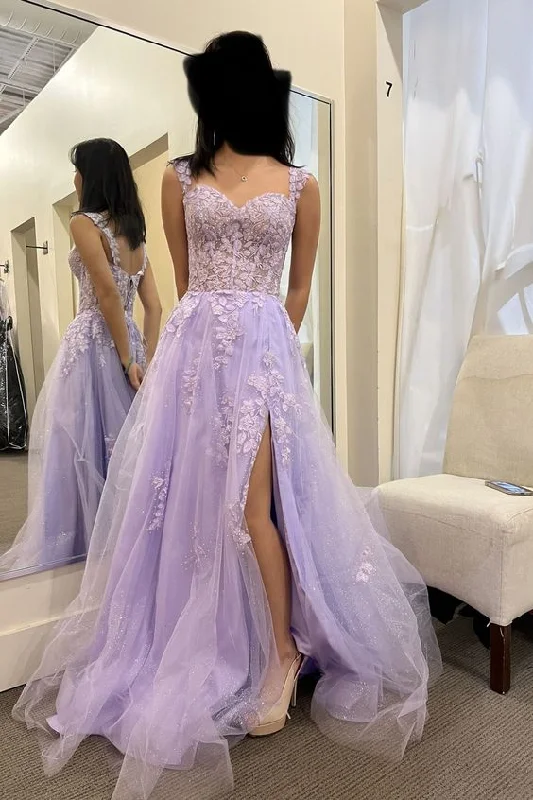 playful dressElegant Appliques Lace A-Line Tulle Floor-length Prom Dress With Side Slit,DS5024