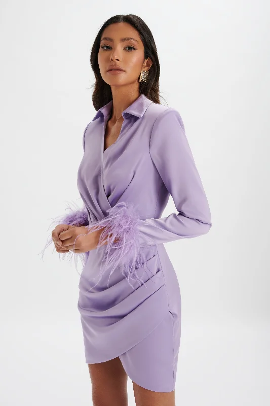 casual slip dressLAURA Satin Mini Shirt Dress With Feather Cuffs In Lavender