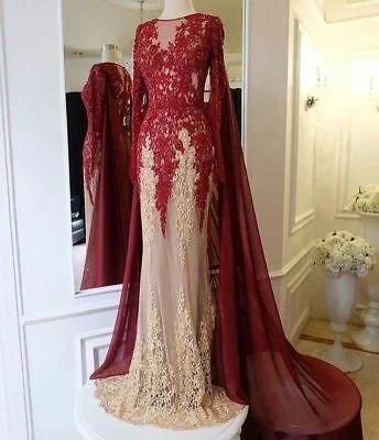 Limited Time Discount Lace Appliques Evening Dress Formal Long Prom Party Gown with Cape,DS4229