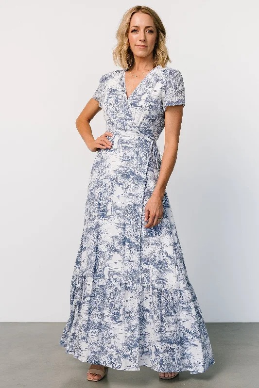 summer floral dressDulce Wrap Maxi Dress | White + Blue Print