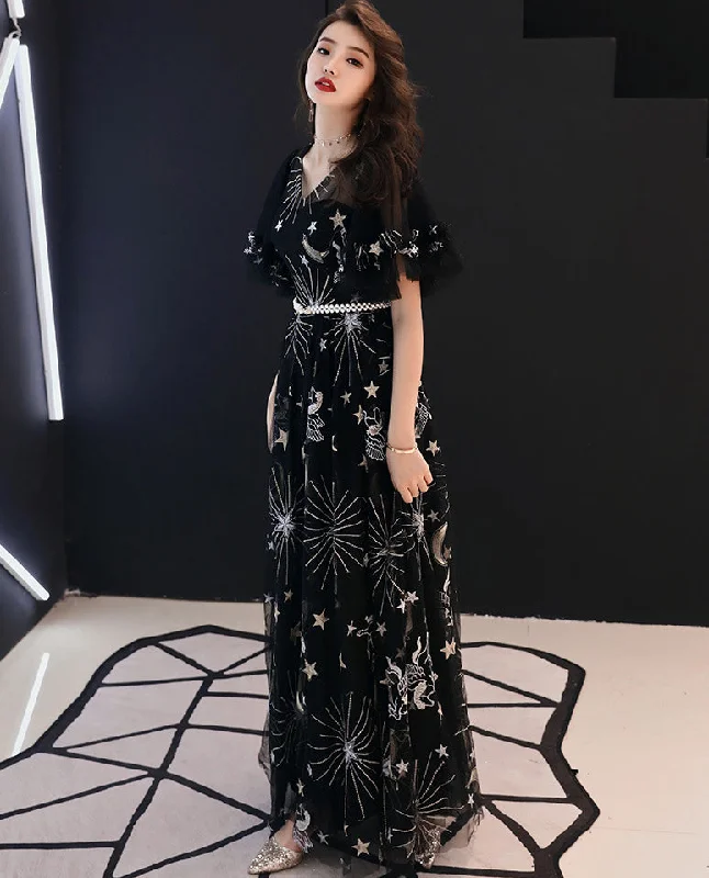 Don't Wait Ladies V-neck temperament black fairy  long dress