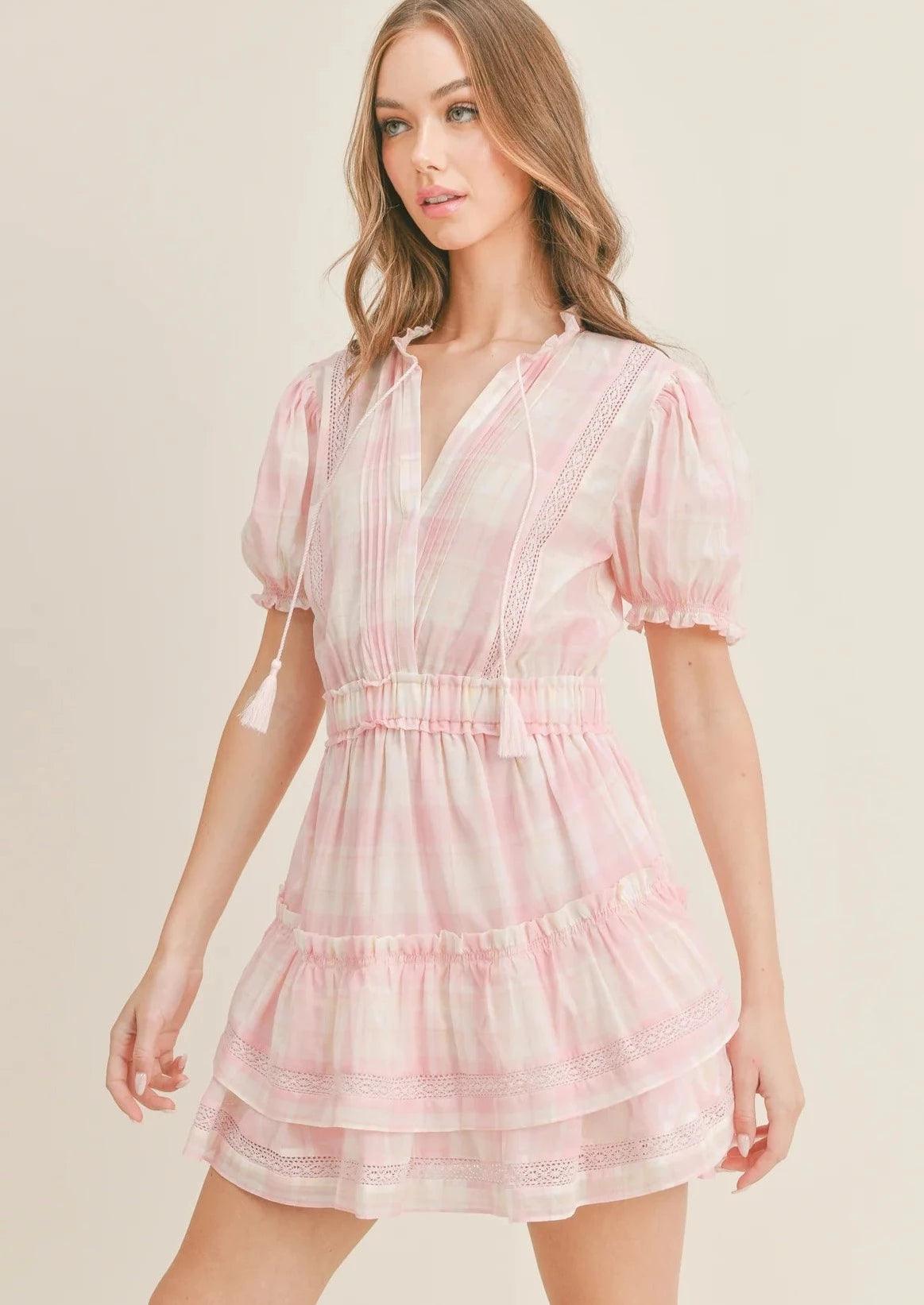 Price Drop Mini Ruffle Dress in Checkered Pink