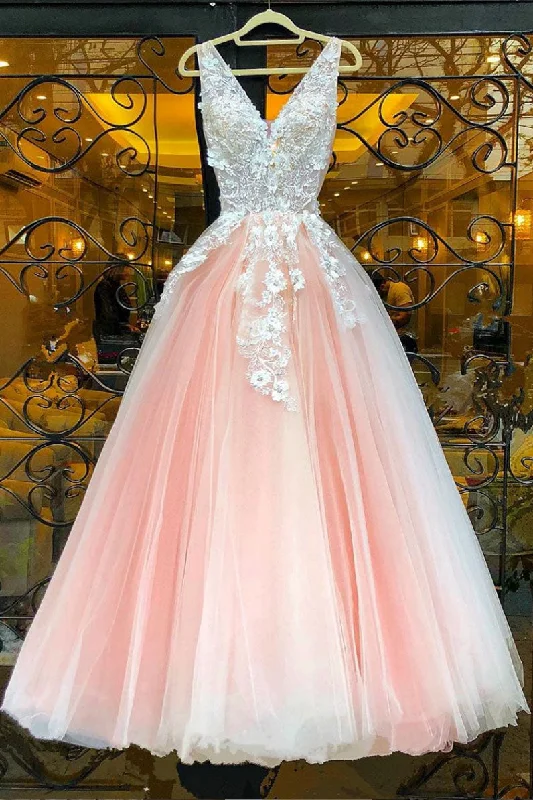 Special Savings PINK V NECK LACE TULLE LONG PROM DRESS PINK LACE EVENING DRESS,DS4468