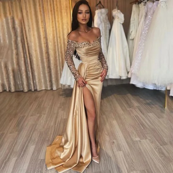 wool dressSexy Mermaid Prom Dress Off The Shoulder Sequin Evening Dress Side Slit Party Prom Gowns,DP058