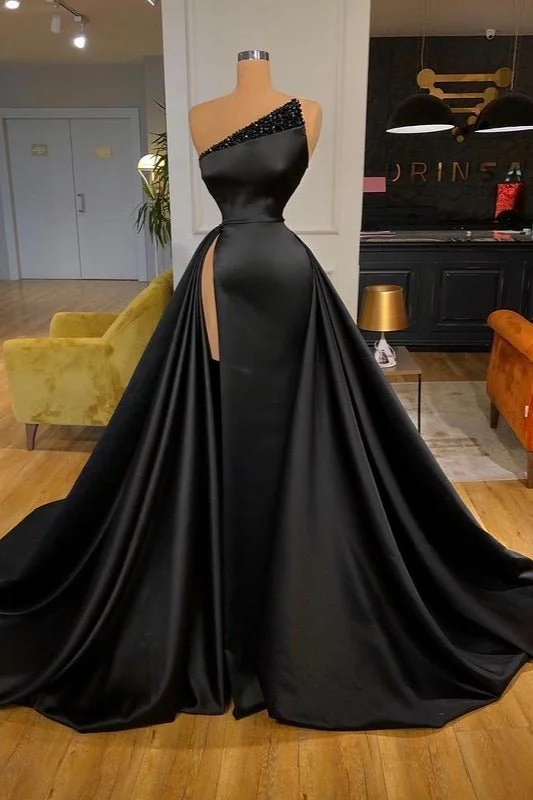Deal Dash Fabulous Black Overskirt Long Prom Dress With Slit Beads,DS4678