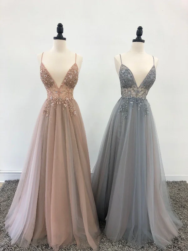 Today’s Special A line v neck tulle beads long prom dress,DS4544
