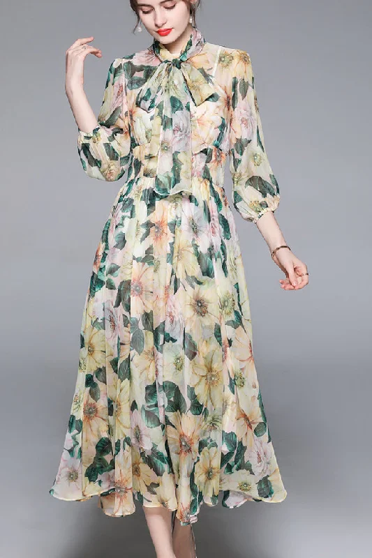 Great Deals Long Sleeve Neck Bowknot Fit&Flare Dress -Yellow L in Clearance