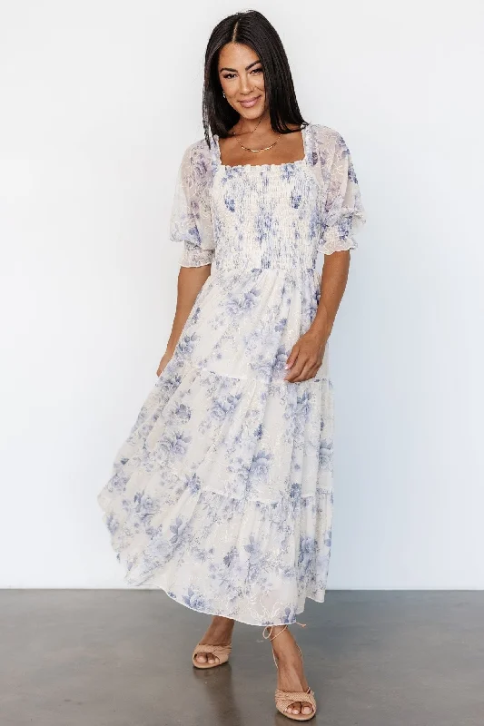 v-neck dressFabian Jacquard Midi Dress | Cream + Blue Floral