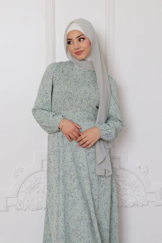 Deep Discounts Raven Floral Shirred Dress- Sage