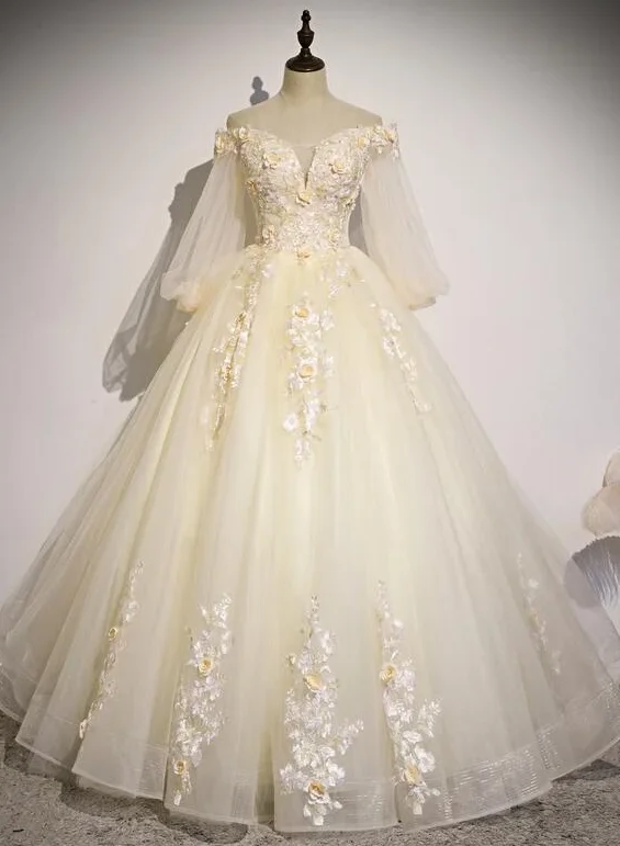 Anniversary Sale Beautiful Ivory Tulle Long Sleeves Floral Sweet 16 Gown, Party Gowns prom dress,DS4460