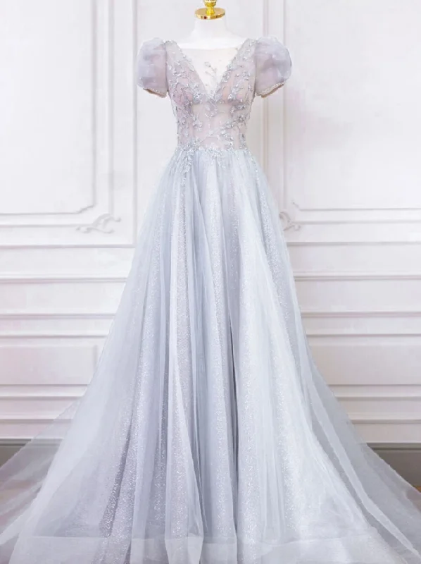 elegant maxi dressGray round neck tulle lace long prom dress, gray tulle evening dress,DP24588