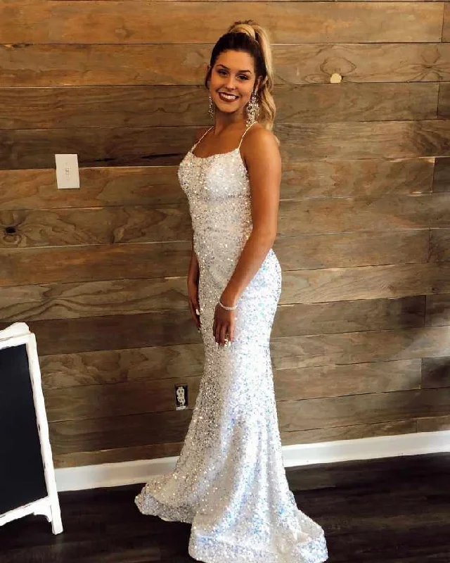 Epic Deals Elegant Straps Sequins White Long Prom Dress,DS4447