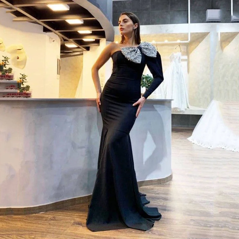 Special Buy Black Women Formal Dresses Evening with Big Bow One Shoulder Long Sleeve Prom Gowns Special Banquet Wear,LW060