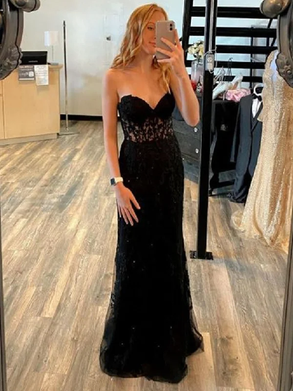 Discount Extravaganza Mermaid Open Backe Black Lace Long Prom Dresses, Strapless Black Formal Dresses,DS4506
