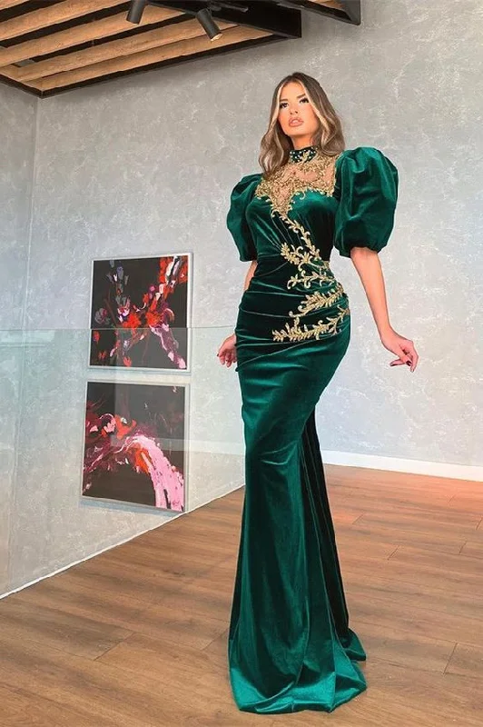 puff sleeve dressModern Dark Green Bubble Sleeves Mermaid Prom Dress With Appliques,DS5114