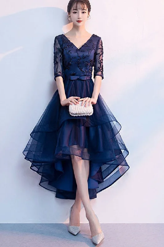 Amazing Deals Half Sleeve Embroidered Double V-neck Layered High LowTulle Formal Dress
