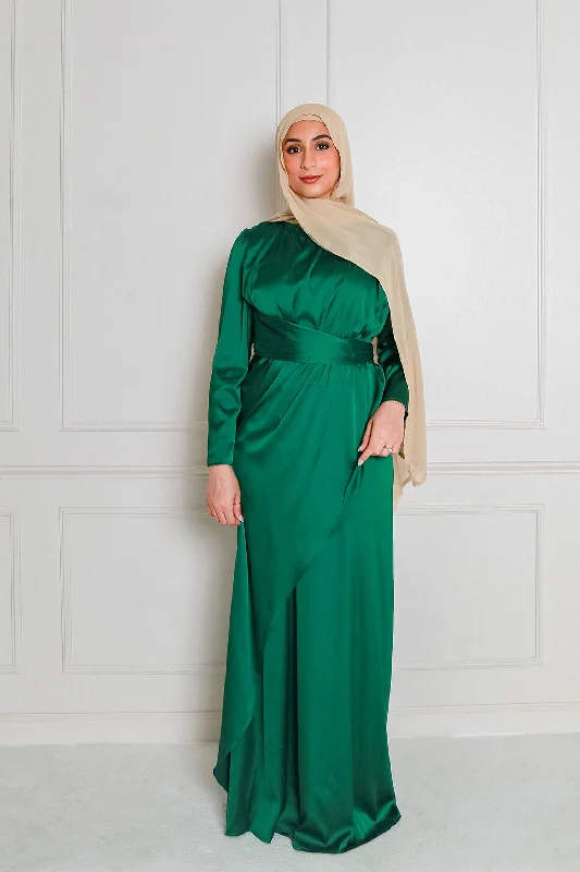 Price Reduction Sarai Layer Satin Dress- Hunter Green