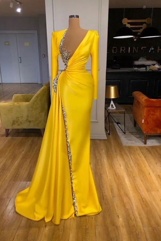 Blowout Sale Gorgeous Long Sleeves Yellow Prom Dress With Beads Sequins,DS4686
