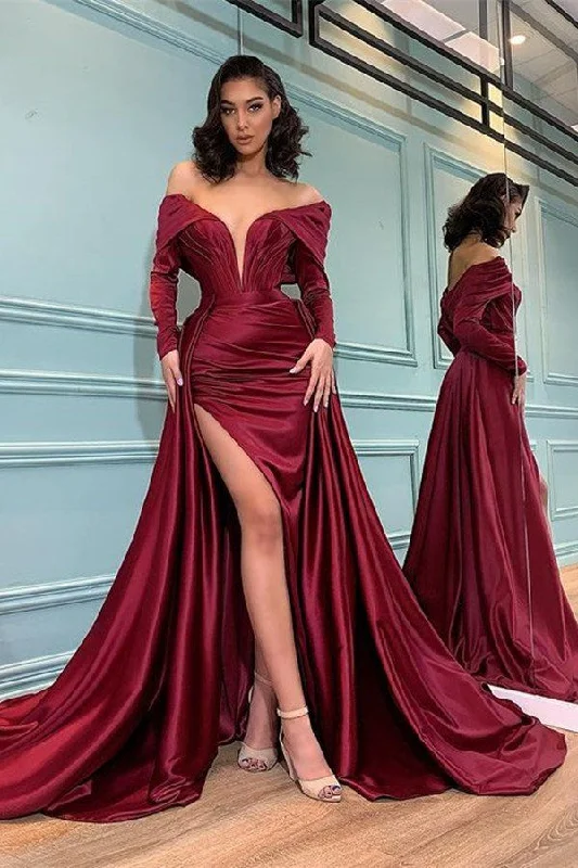 flowy dressBurgundy Long Sleeve Mermaid Off-the-shoulder Prom Dress with Slit,DP065