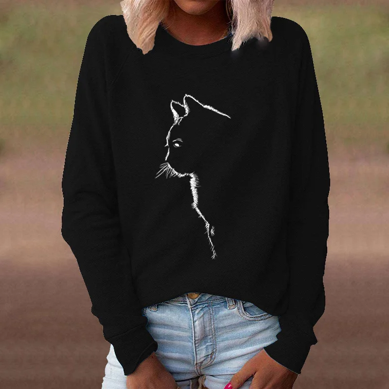 Savings Event Cat Creative Printing Round Neck Long Sleeve Sweater For Women