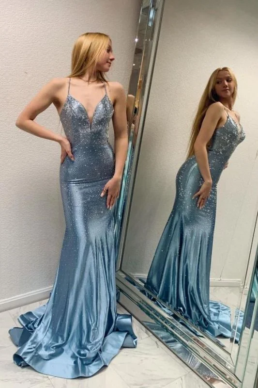 Super Deal Shinny Deep V-Neck Prom Dress Sleeveless Slim Mermaid Party Gown,DS4018