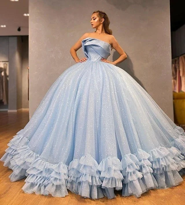 Limited Edition Sparkly Ball Gown Prom Dresses Strapless Puffy Evening Gowns Ruffles Formal Party Dress,DS4378