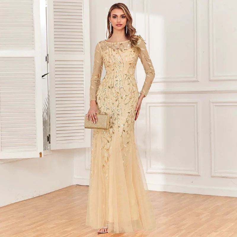 Limited Time Discount Long Sleeve Mesh Sequin Slim Woman Dresses Formal Elegant Party Bridesmaid Dresses