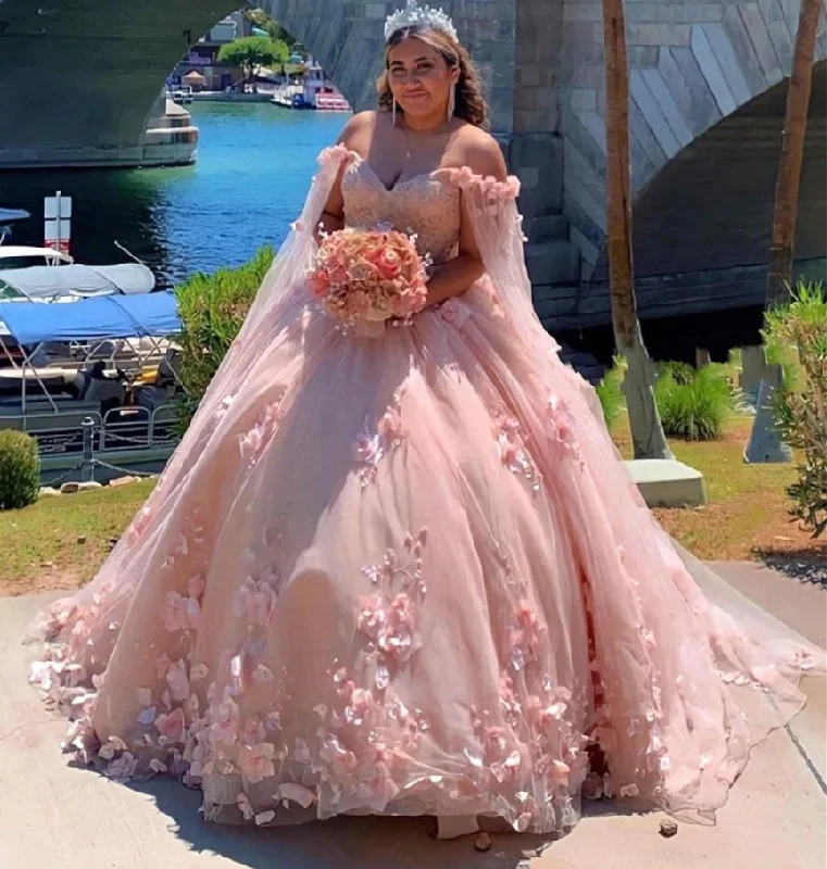 romantic dressVestidos De 15 Años Sweetheart Handmade Flowers Tulle Quinceanera Dresses with Flutter Sleeves Sweet 16 Prom Gowns,LW028