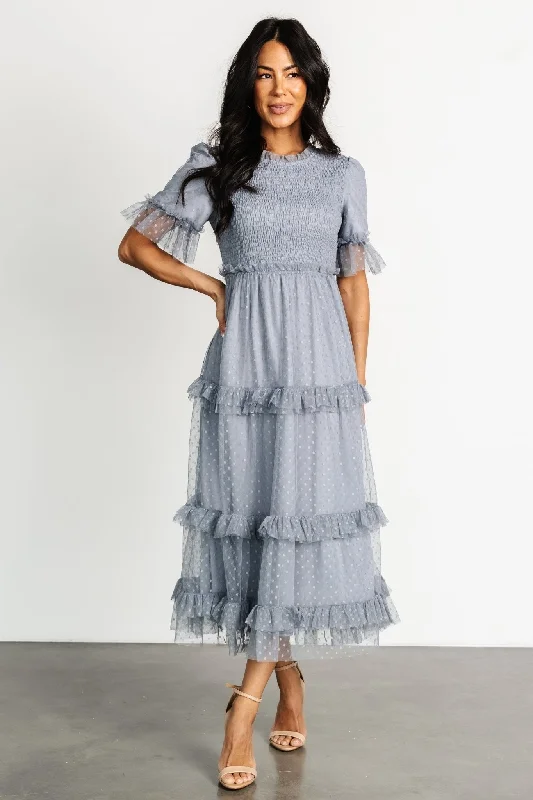 elegant dressLysandra Smocked Dot Dress | Dusty Slate