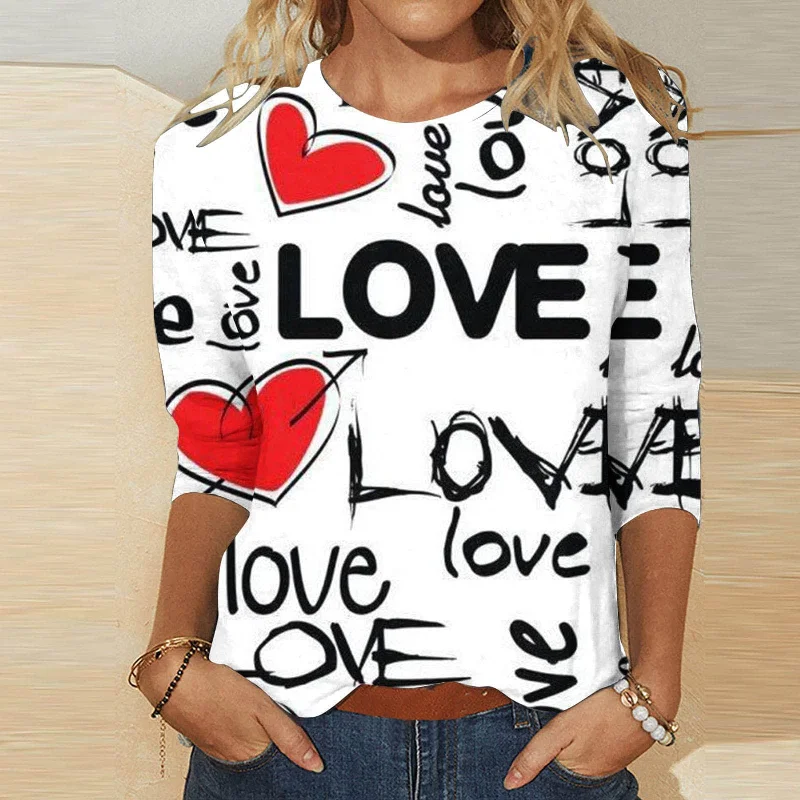 Special Savings Valentine's Day Female With Hearts Printing Crew Neck T-shirt Top