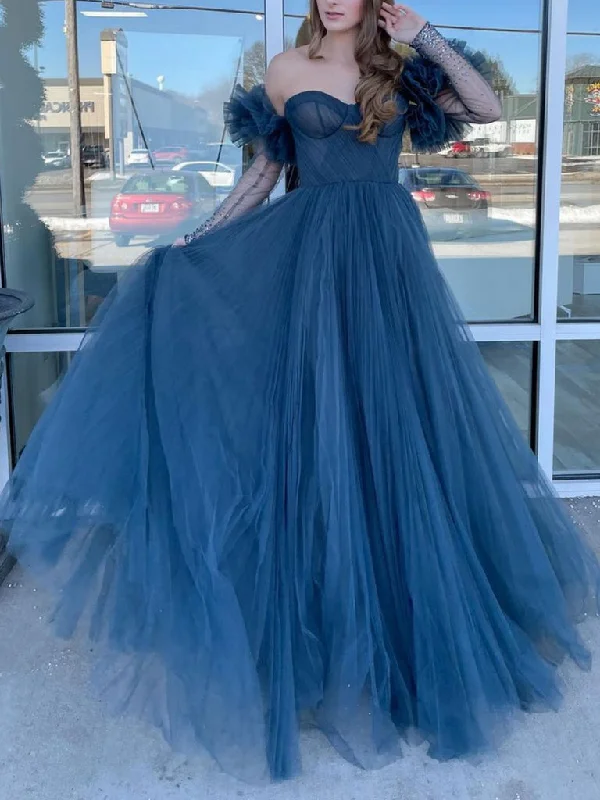 New Arrival GRAY BLUE TULLE LONG PROM DRESS, BLUE LONG SLEEVES EVENING DRESS ,DS4519