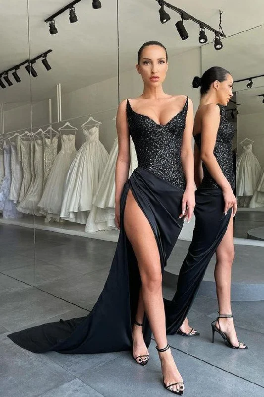 oversized dressUNIQUE BLACK SPECIAL STRAPLESS HIGH-SPLIT LACE-UP SEQUINED PROM DRESS,DS3514