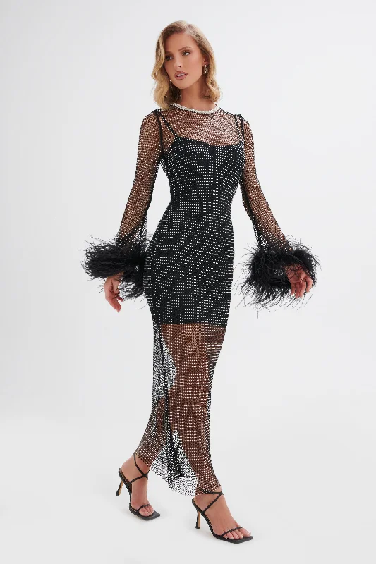 sleek midi dressVIVIENNE Rhinestone Embellished Feather Dress in Black