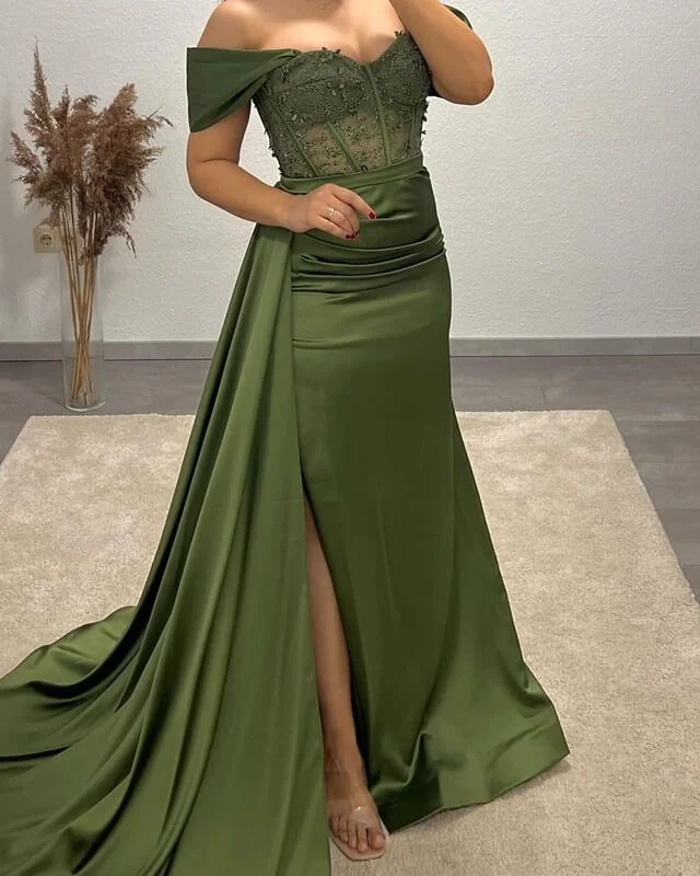 casual midi dressOlive Green Mermaid Satin Applique Gown Prom Dress,DP0100