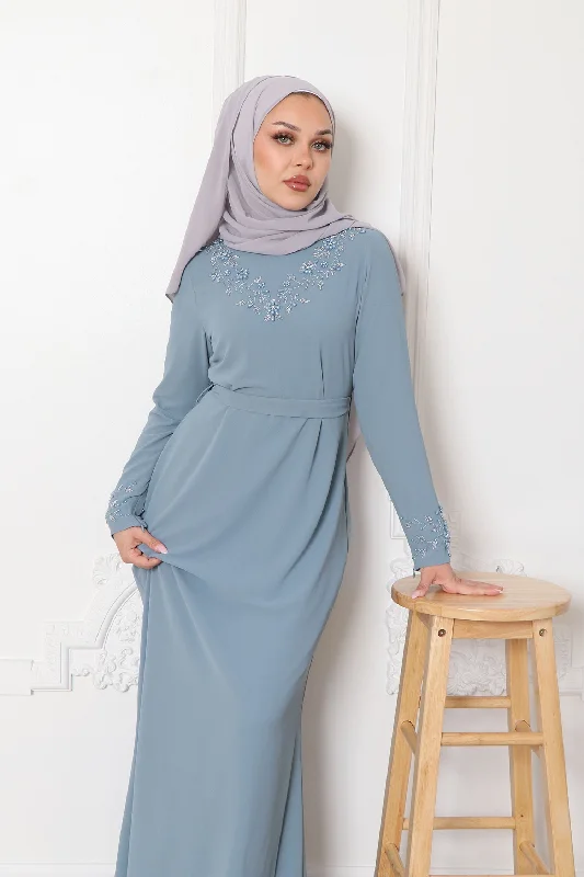 Exclusive Preview Vera Chiffon Beaded Maxi Dress- Dusty Blue