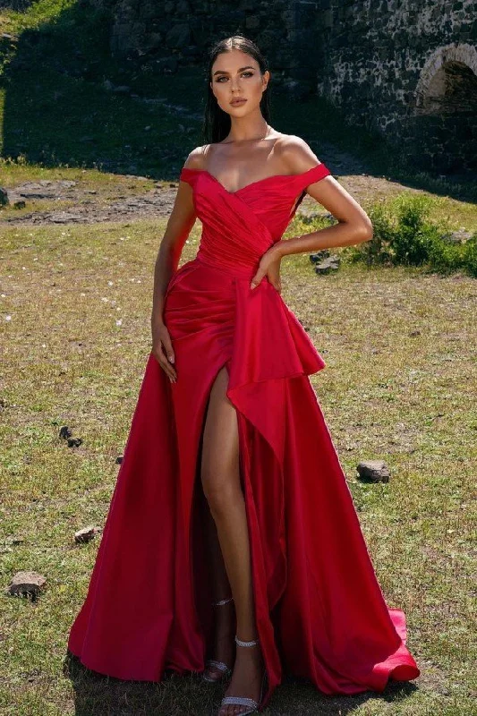 Best Seller Chic Off-the-Shoulder Red Prom Dress Long Split With Ruffle,F04781