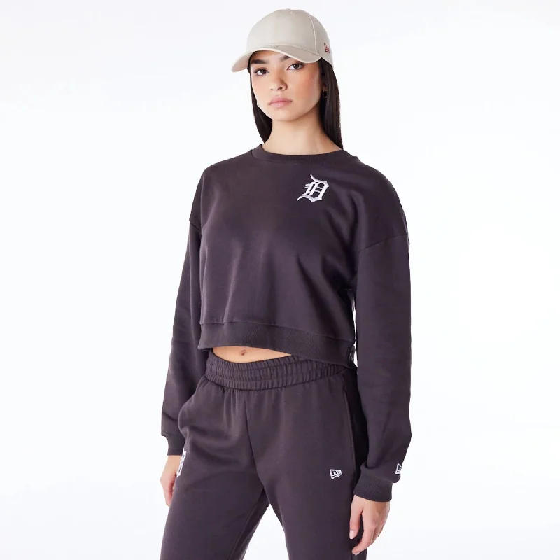 Referral Discount Detroit Tigers Womens MLB League Essential Dark Brown Crop Crew Neck Sweatshirt