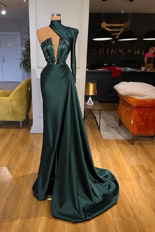 Early Bird Discount Chic High Neck Long Sleeves Mermaid Prom Dress With Crystal,F04780
