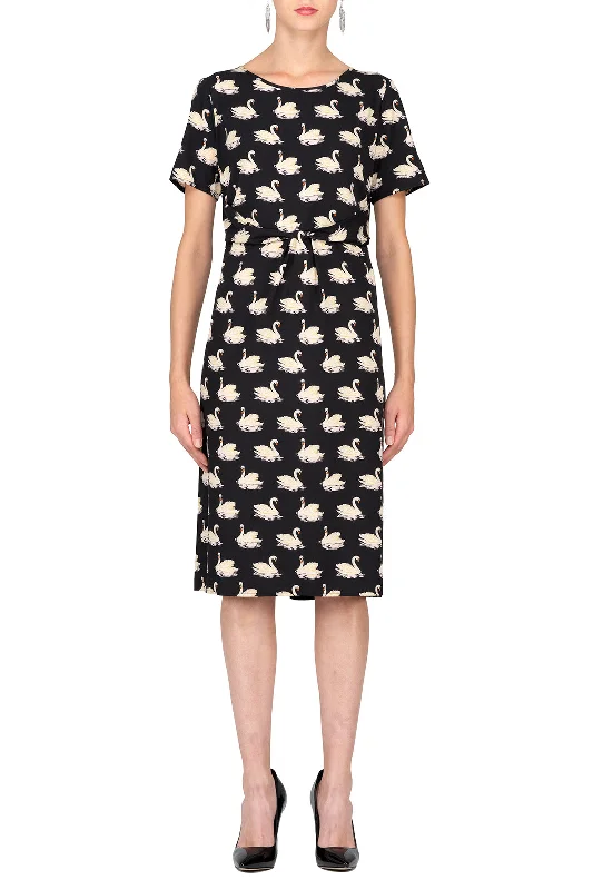 Price Drop Alert SCANDINAVIA-Short Sleeve Swan Shift Dress With Ruching Belt