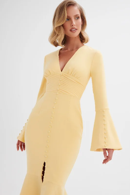 minimalistic dressSALMA Fluted Sleeve Longline Fishtail Midi Dress In Yellow