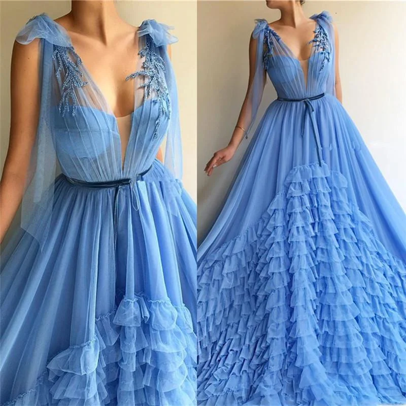 vintage dressCHIC TULLE DEEP V-NECK BLUE PROM PARTY GOWNS| SLEEVELESS LAYERS LONG PROM PARTY GOWNS WITH SASH,DS3539