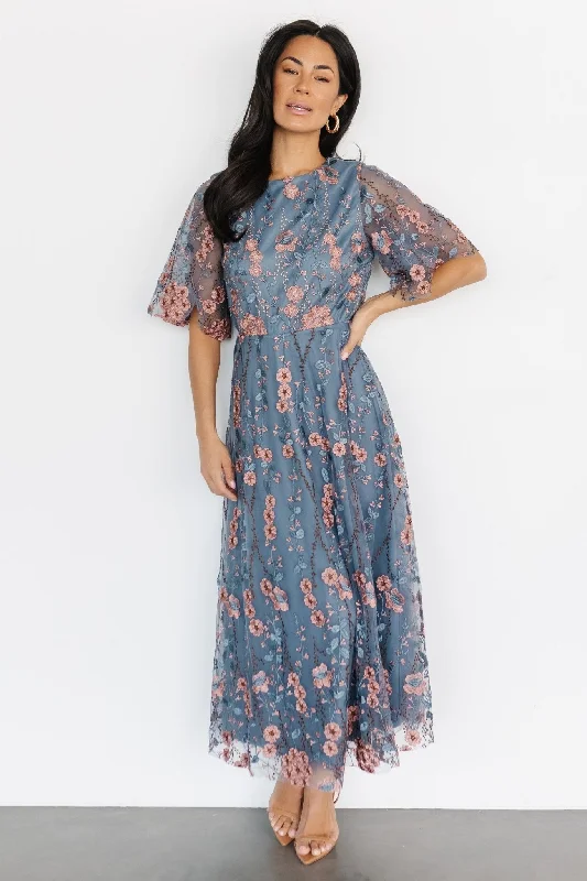 vintage-inspired dressArabella Embroidered Tulle Maxi Dress | Blue + Pink