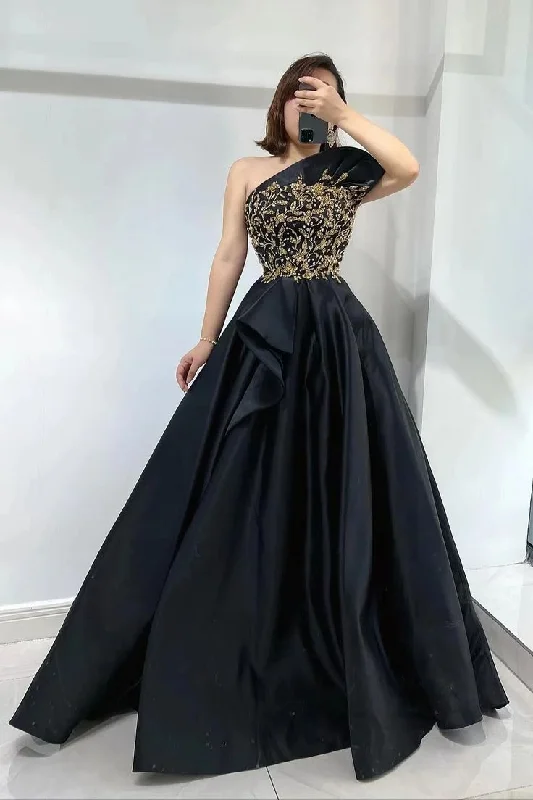 one-shoulder dressGlamorous Black Strapless Sleeveless Evening Dress Beadings With One Shoulder Slit,DP0129