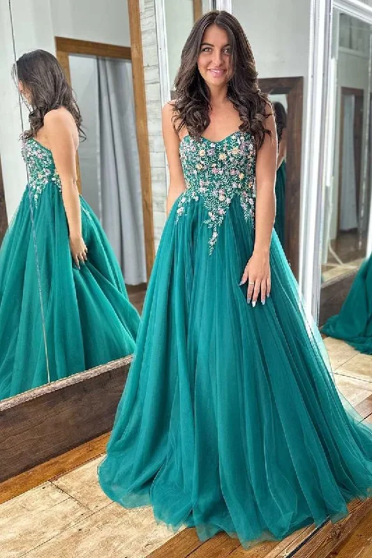 satin midi dressEmerald Green Tulle Floral Lace Strapless A-Line Prom Gown,DP046