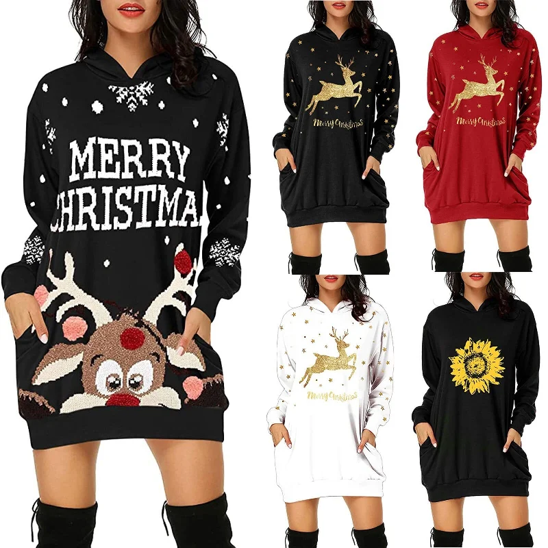 Doorbuster Deal Christmas hot sale printed mid-length pocket hooded long-sleeved sweater