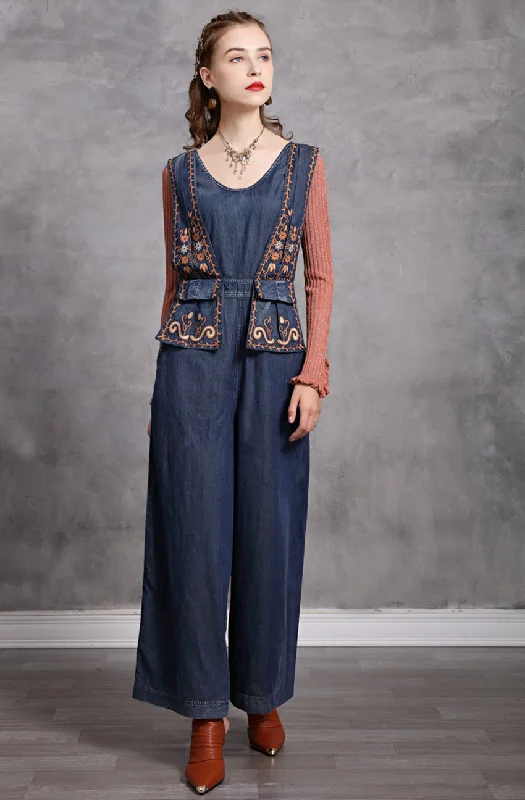 Take Advantage Sleeveless Wide Leg Embroidered Jumpsuit