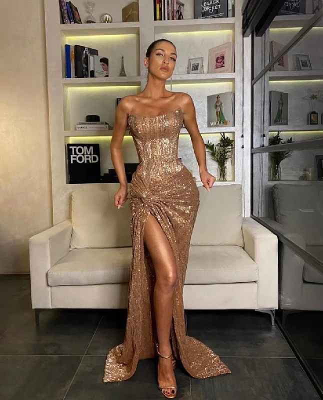 Overstock Sale long prom dresses gold mermaid evening gowns ,DS4578