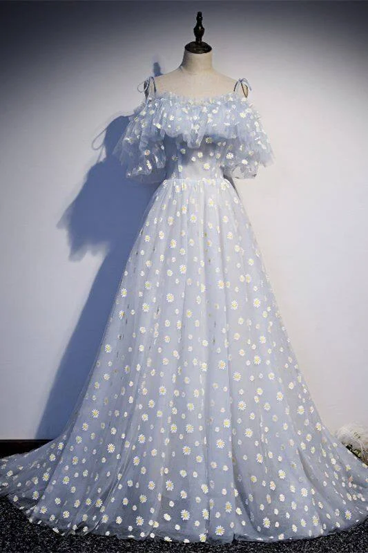 Limited Quantity Daisy Floral A-line Long Light Blue Formal Dress,DS4369