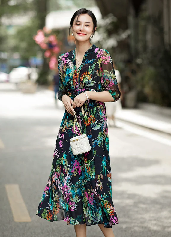 Don't Wait Elegant Floral Printed V-neck Silk Dress