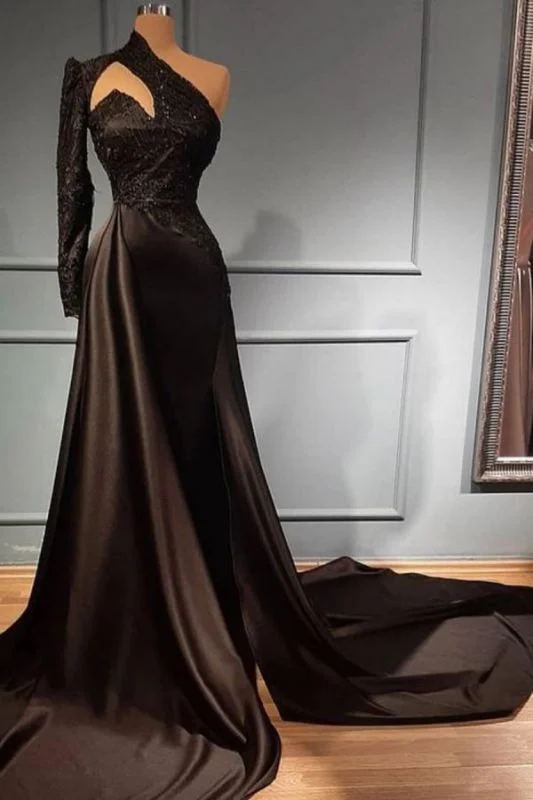 YEAR-End Clearance Black One Shoulder Sparkly Lace Satin Mermaid Prom Dress High Neck slim Evening Maxi Dress,DS3724